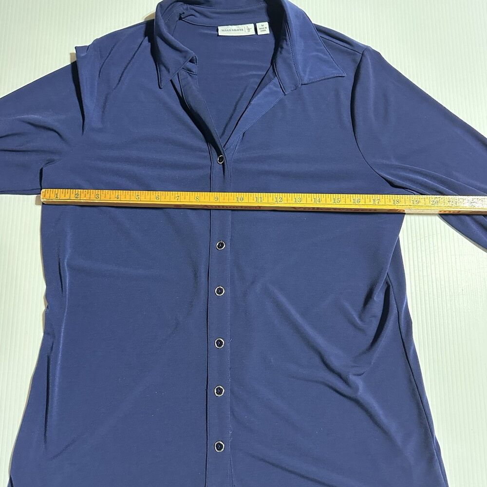 Susan Graver Button Front Shirt Navy Blue Ruched Sleeve Size M Medium Liquid - Picture 7 of 10